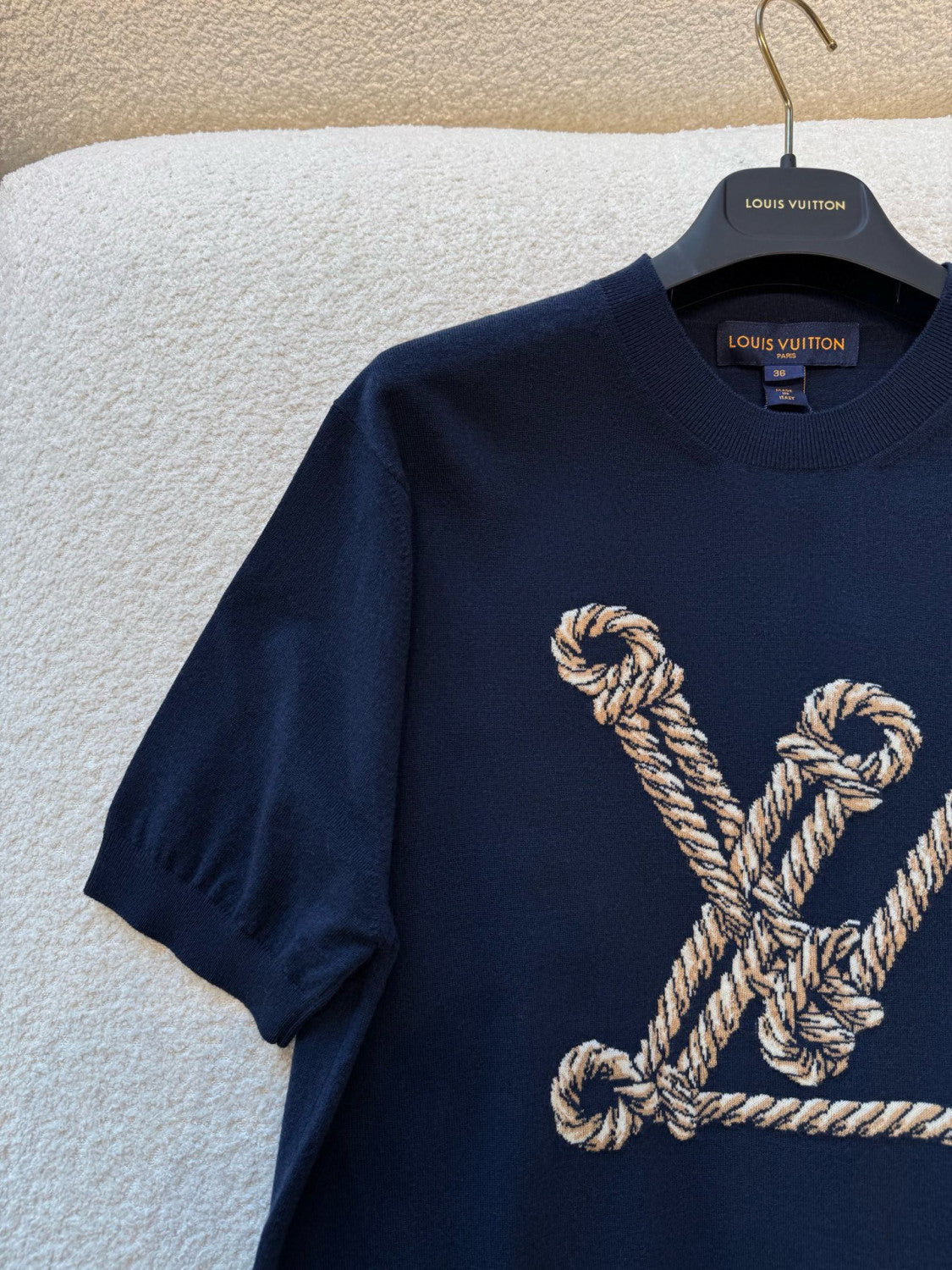 Louis Vuitton Women's Spring And Summer Nautical Series Blue Knitted T-shirt Fashion Trend Jacquard Casual Round Neck Top #81629