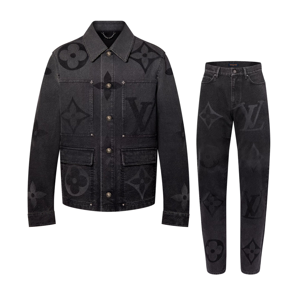 Louis Vuitton Men's Spring And Fall Black Logo Jacquard Single Breasted Long Sleeved Denim Jacket Jeans Pants Suit Set #75747