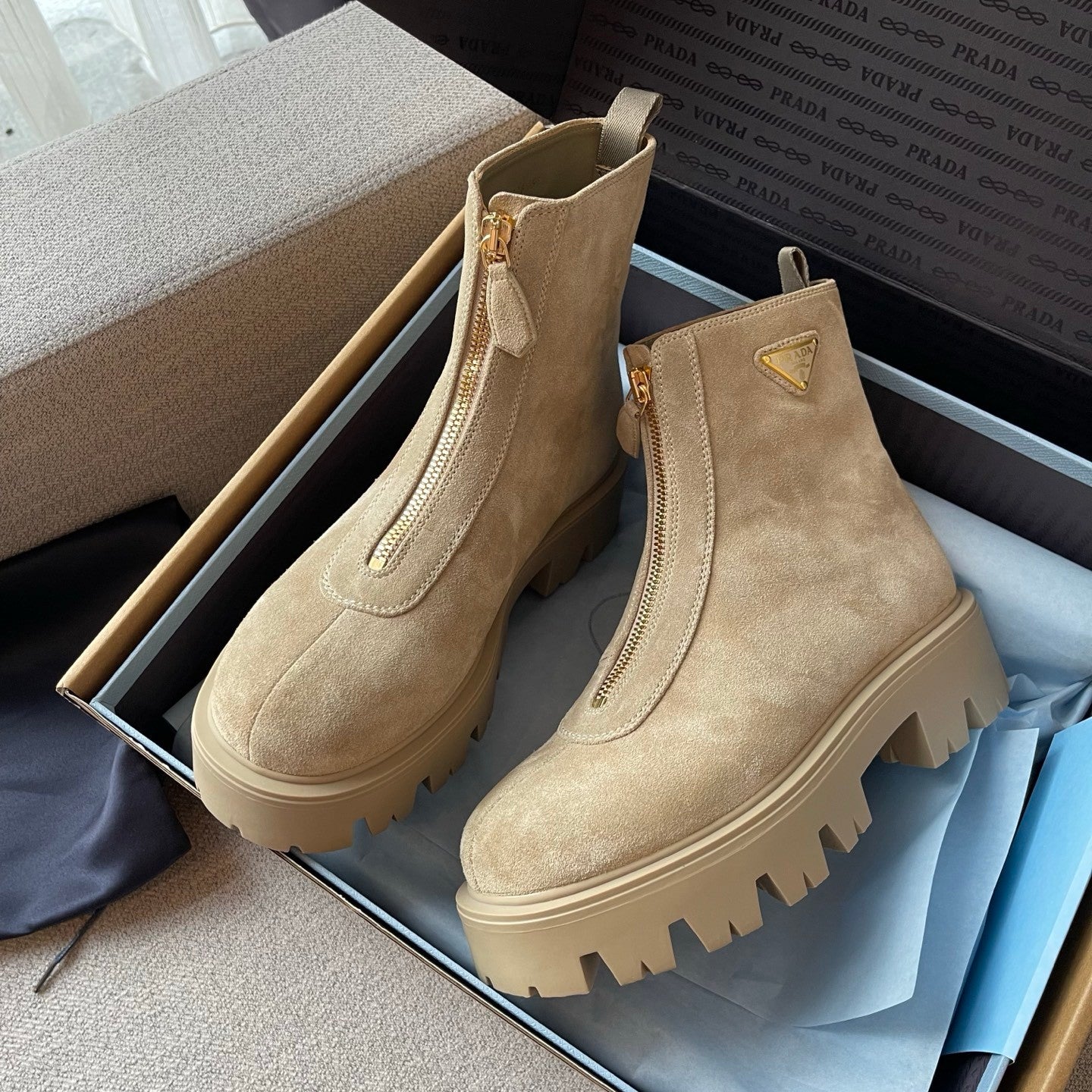 PRADA  Desert Yellow Suede Booties with Zip Classic Triangle Logo British Style Retro Short Boots Cow Suede #330178