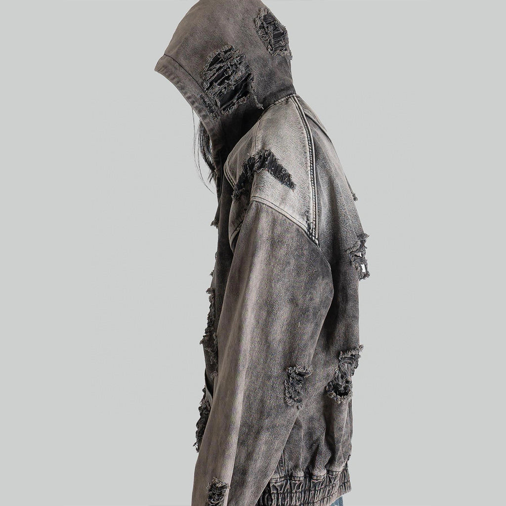 Juun.j Men's And Women's Spring And Fall Fashion Casual Washed And Old Destruction Denim Hooded Zipper Jacket Ngvp #7788