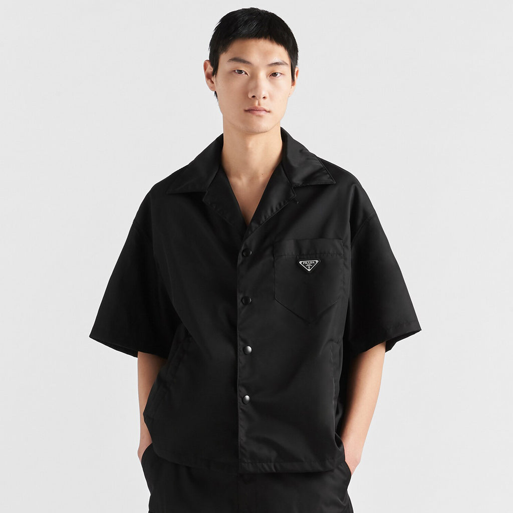 Prada Men's Summer Solid Color Nylon Fabric V-neck Single Button Short Sleeved Shirt And Casual Nylon Shorts Set Suit #77911
