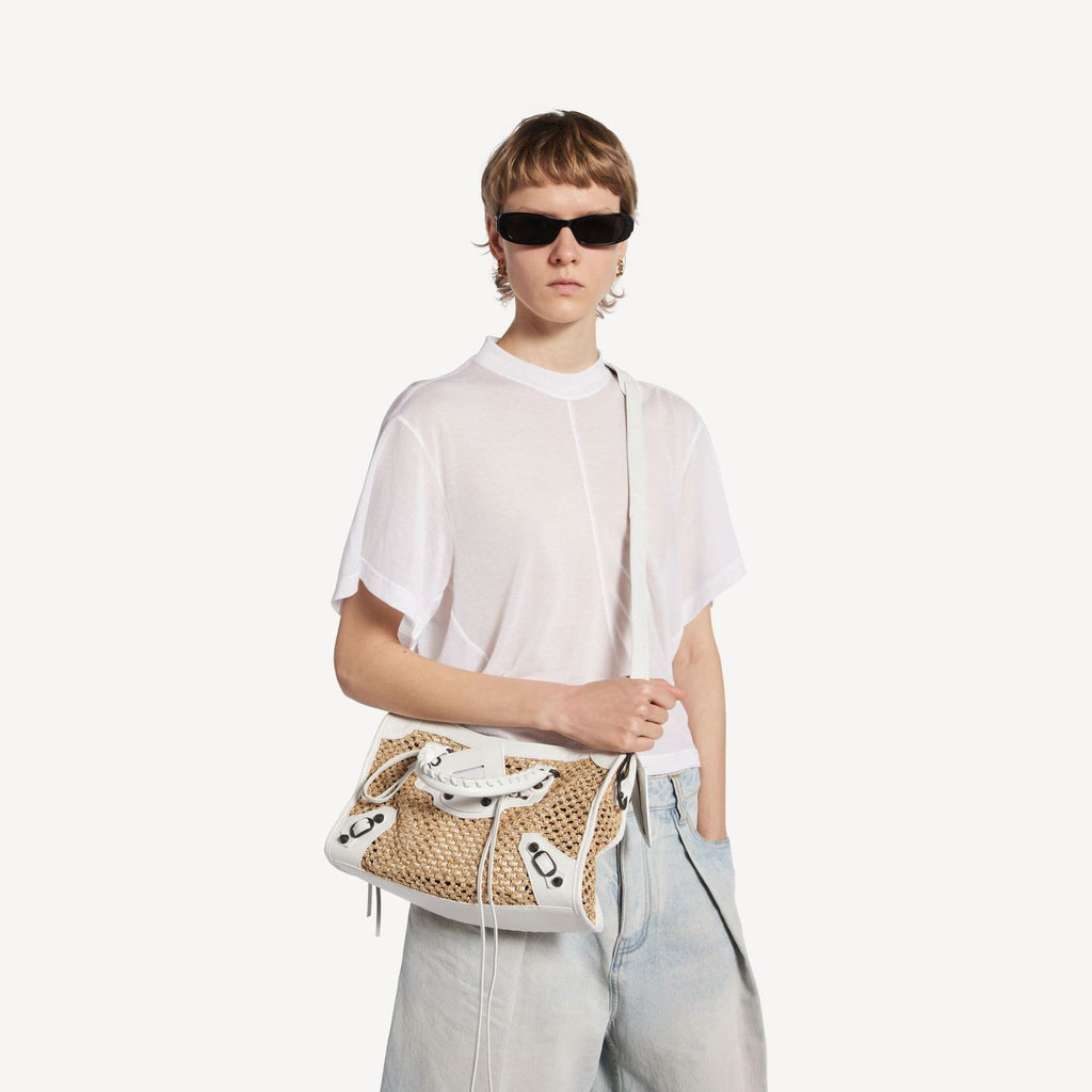 Balenciaga Le City Raffia-effect Fabric Small Handbag Black And White Fashionable Classic Handbag And Crossbody Bag Bags #84325A