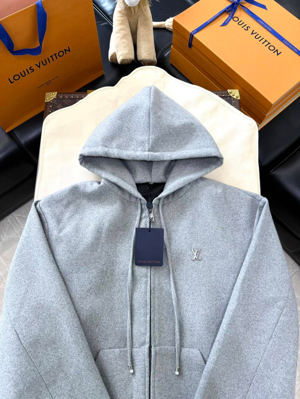 Louis Vuitton Men's Spring and Autumn Solid Color Wool Fabric Hooded Zipper Long Sleeve Jacket #76269