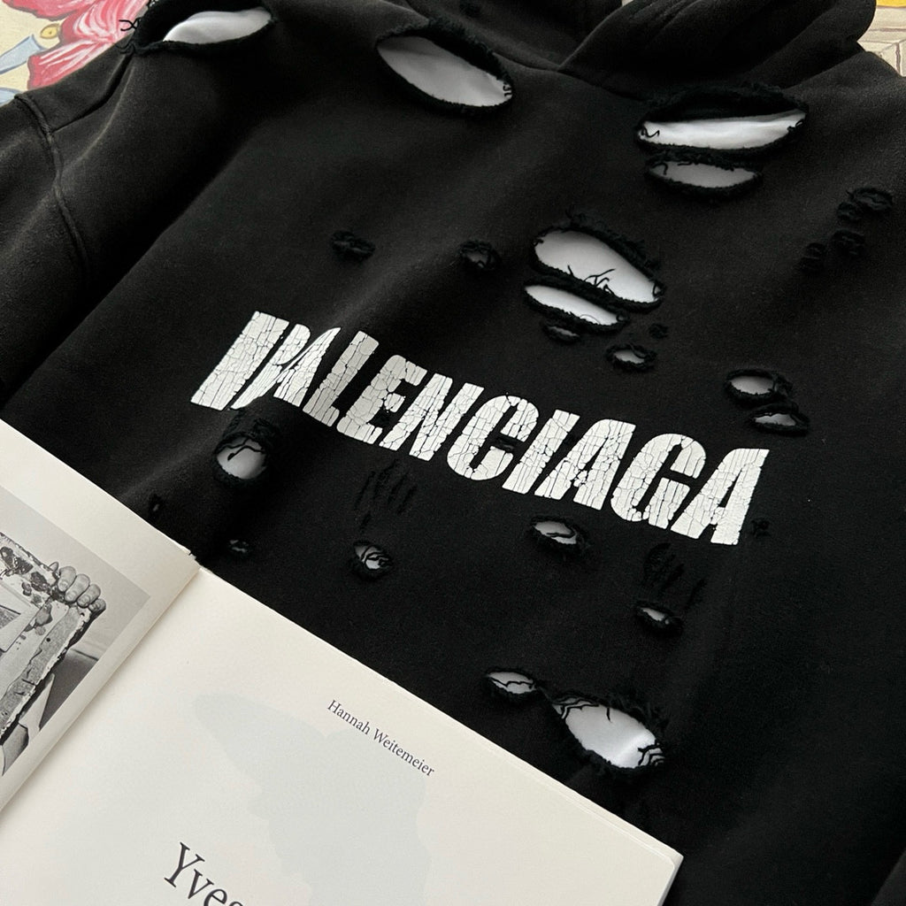 Balenciaga Men's Summer Black Letter Printed Torn Hooded Sweatshirt Pullover #97624