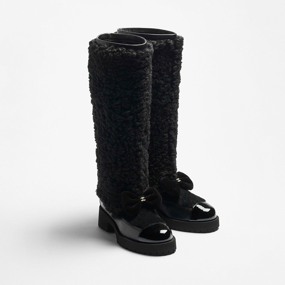 Chanel High Boots Shearling Lambskin Calfskin Lambskin Patent Calfskin Beige Black #334245