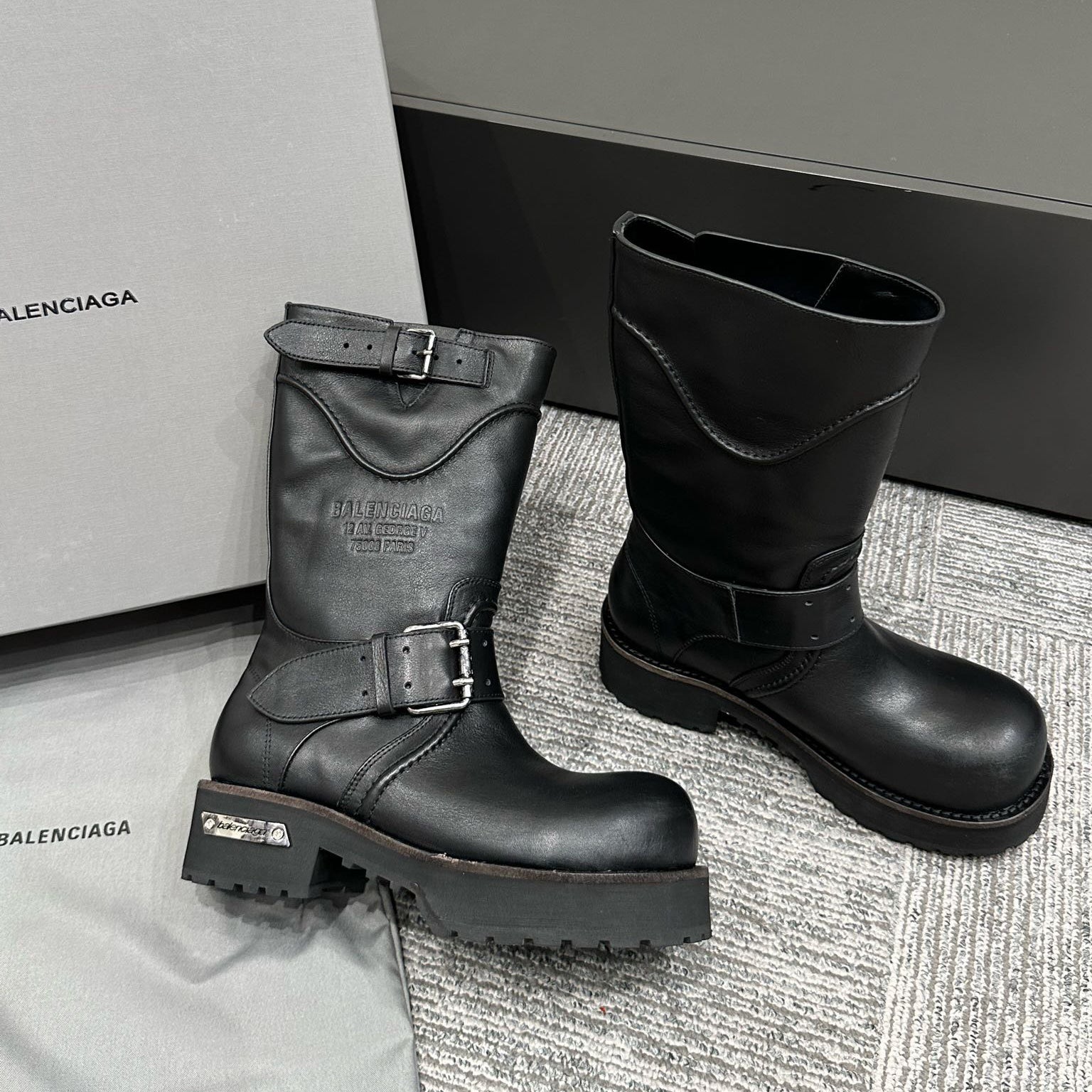 Balenciaga Women's Four Seasons Solid Color Grained Cowhide Tall Martin Boots Shoes #76679