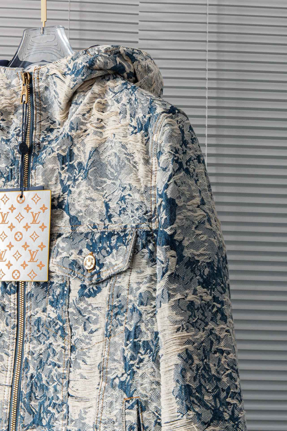 Louis Vuitton Men's Winter Floral Jacquard Washed And Fringed Denim Jacket Down Jacket Warm Fit Coat Ngvp #7626