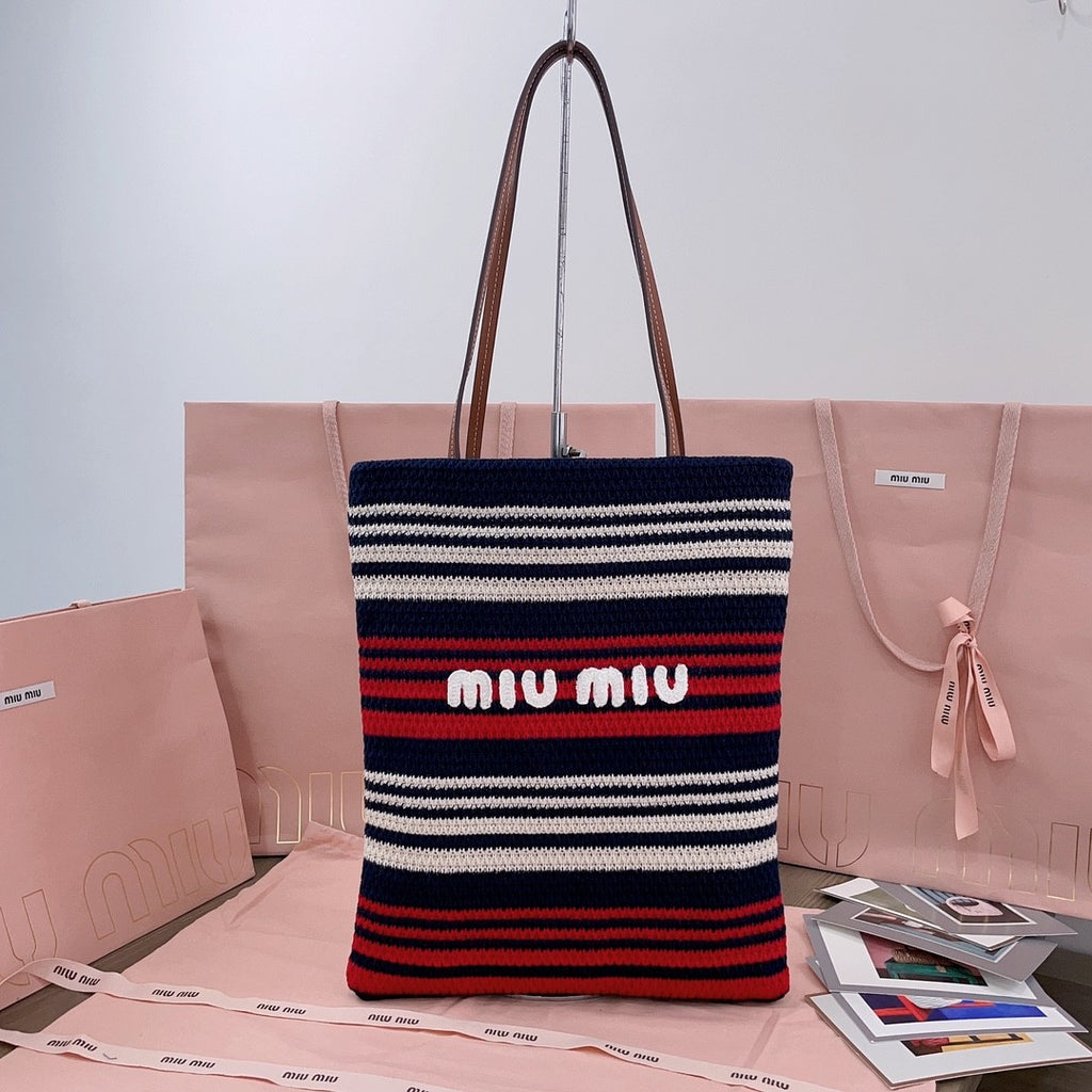 MiuMiu Women's Logo Embroidery Raffia Patchwork Cotton Thread Woven Shopping Bag Shoulder Tote Bags #76743