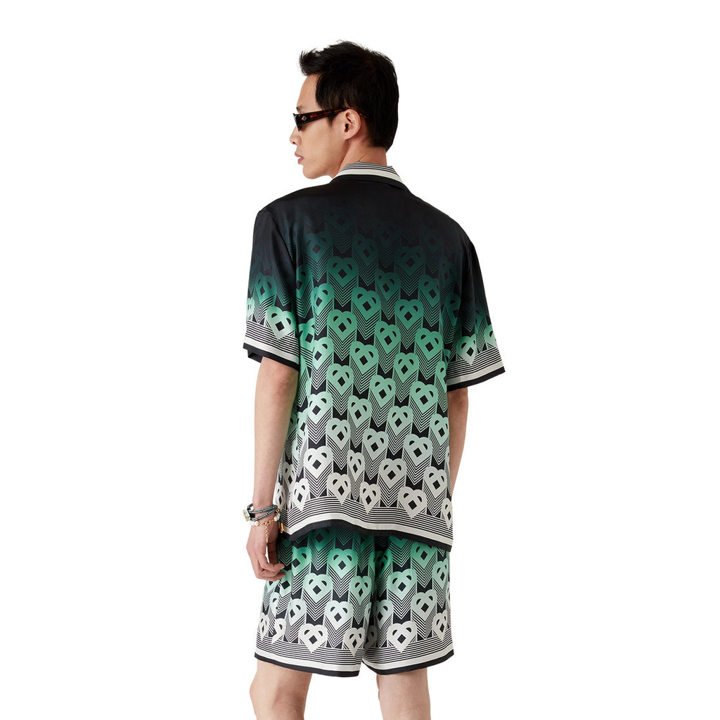 Casablanca Men's Summer Fashion Casual Heart Pattern Silk Button Down Short Sleeve Shirt with Elastic Drawstring Silk Shorts Suit Set #78592