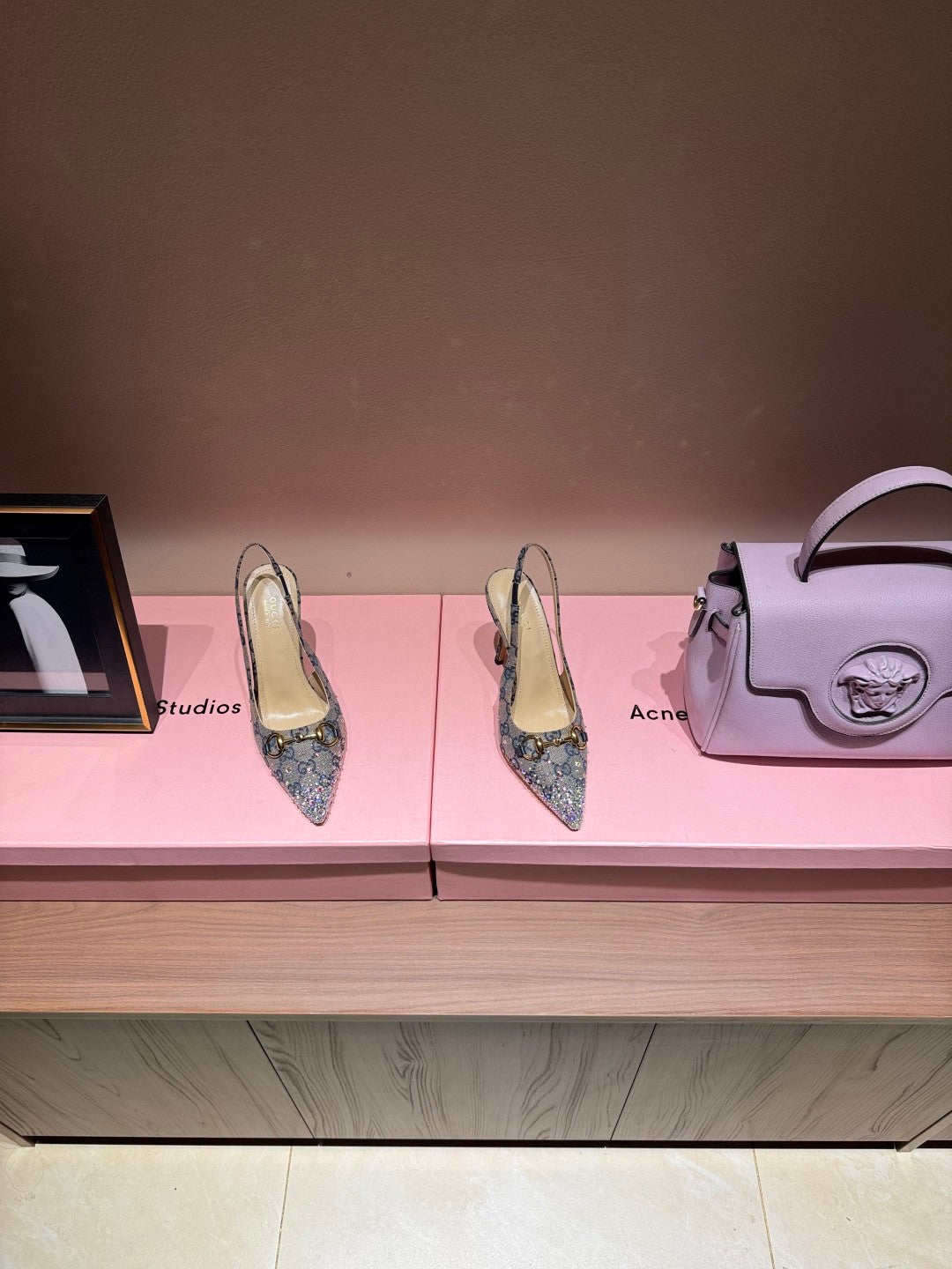GUCCI Crystal-embellished Horsebit Buckle Women's Back-tie Low-cut Shoes Women's Spring/summer GG Canvas Crystal High-heel Shoes Elegant Luxurious Heel Height: 10cm #81437