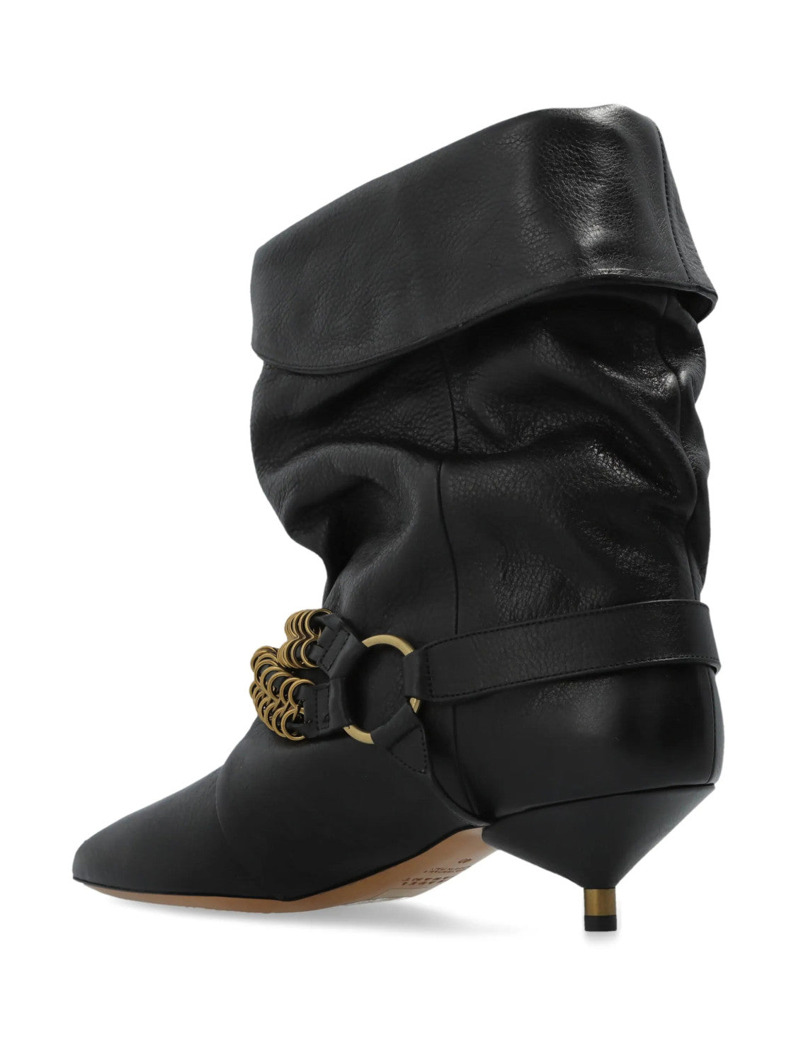 Isabel Marant Women's Autumn and Winter Edrik Leather Boots Solid Color Pointed Toe Pleated Surface Metal Chain Buckle Short Boots Heel 4.5cm Casual Shoes Ngvp #1941