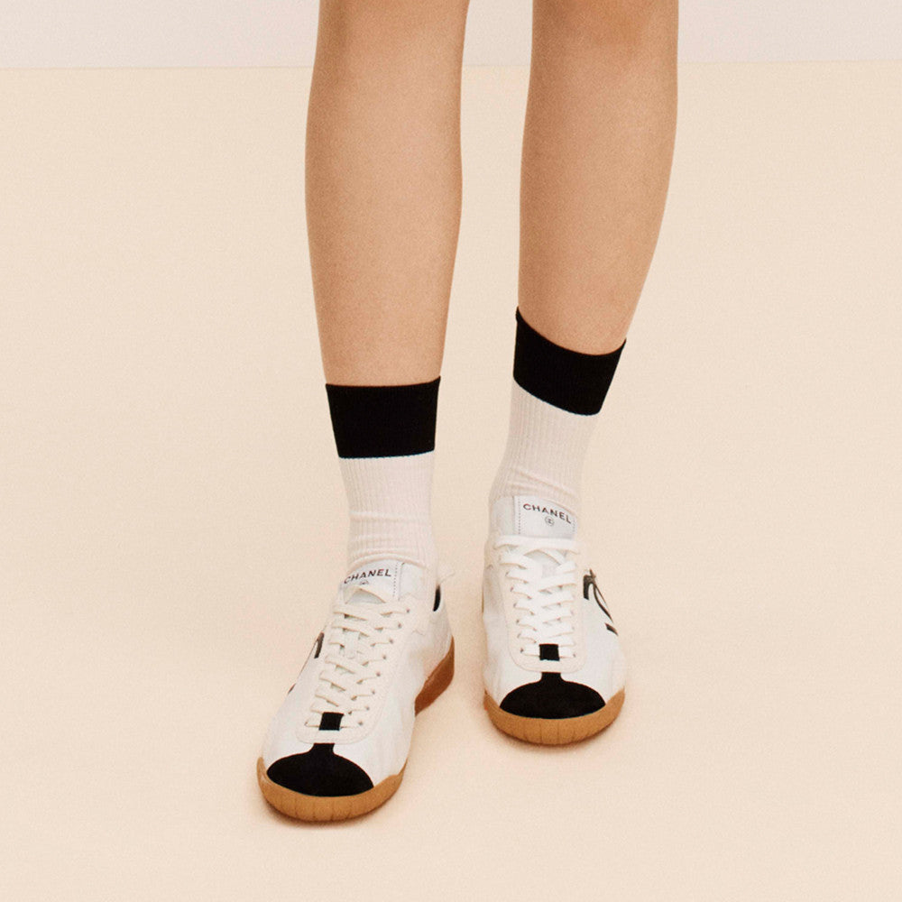 Chanel Sneakers Calfskin Embossed Suede Calfskin Black White #377420