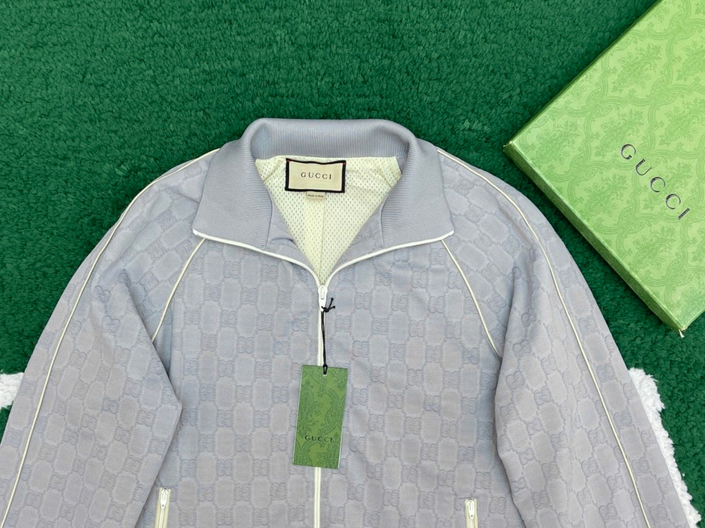 Gucci Men's Spring and Autumn Gray Letter Logo Full Print Zipper Long Sleeve Jacket Drawstring Tie Sweatpants Pants Suit Set #72978