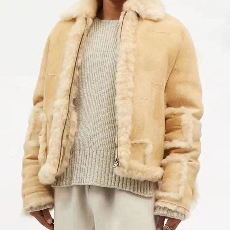 Eli Russell Linnetz Men's Autumn And Winter High Street Solid Color Lamb Fur Fur Jacket Long Sleeve Coat Ngvp #7778