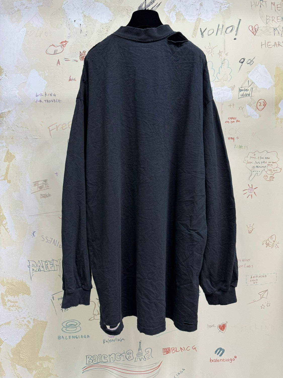 Balenciaga Men Women Summer Letter Printed Loose Cotton Round Neck Black Long Sleeve T-Shirt Ngvp #9556