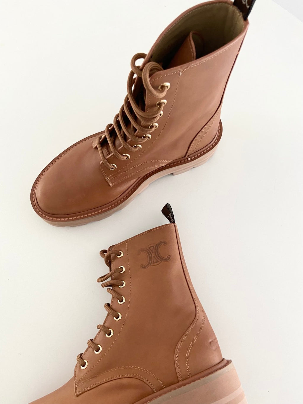 Celine Bulky Women's Solid Color Comfortable Leather Thick Sole Lace-Up Mid-Length Boots Shoes #73715
