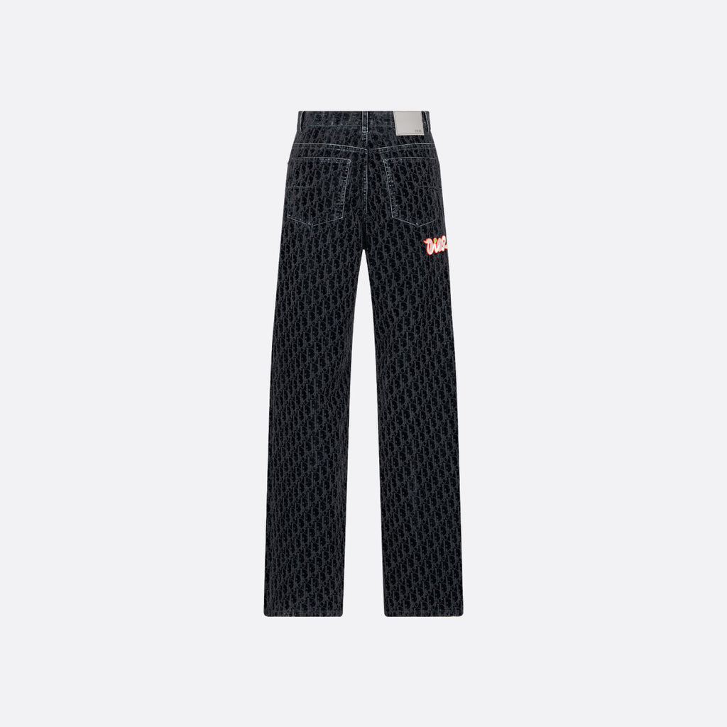 Dior Men's Dior And Kaws Collection Four-Season Cotton-Blend Solid-Color Button-Fly Flocked Denim Pants #81751