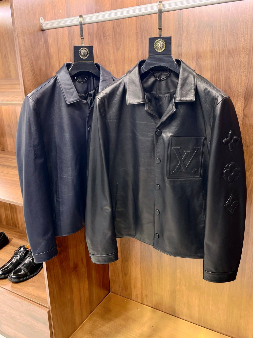 Louis Vuitton Men's Autumn and Winter Solid Color Embossed Leather Monogrammed Single Breasted Long Sleeve Jacket #74224