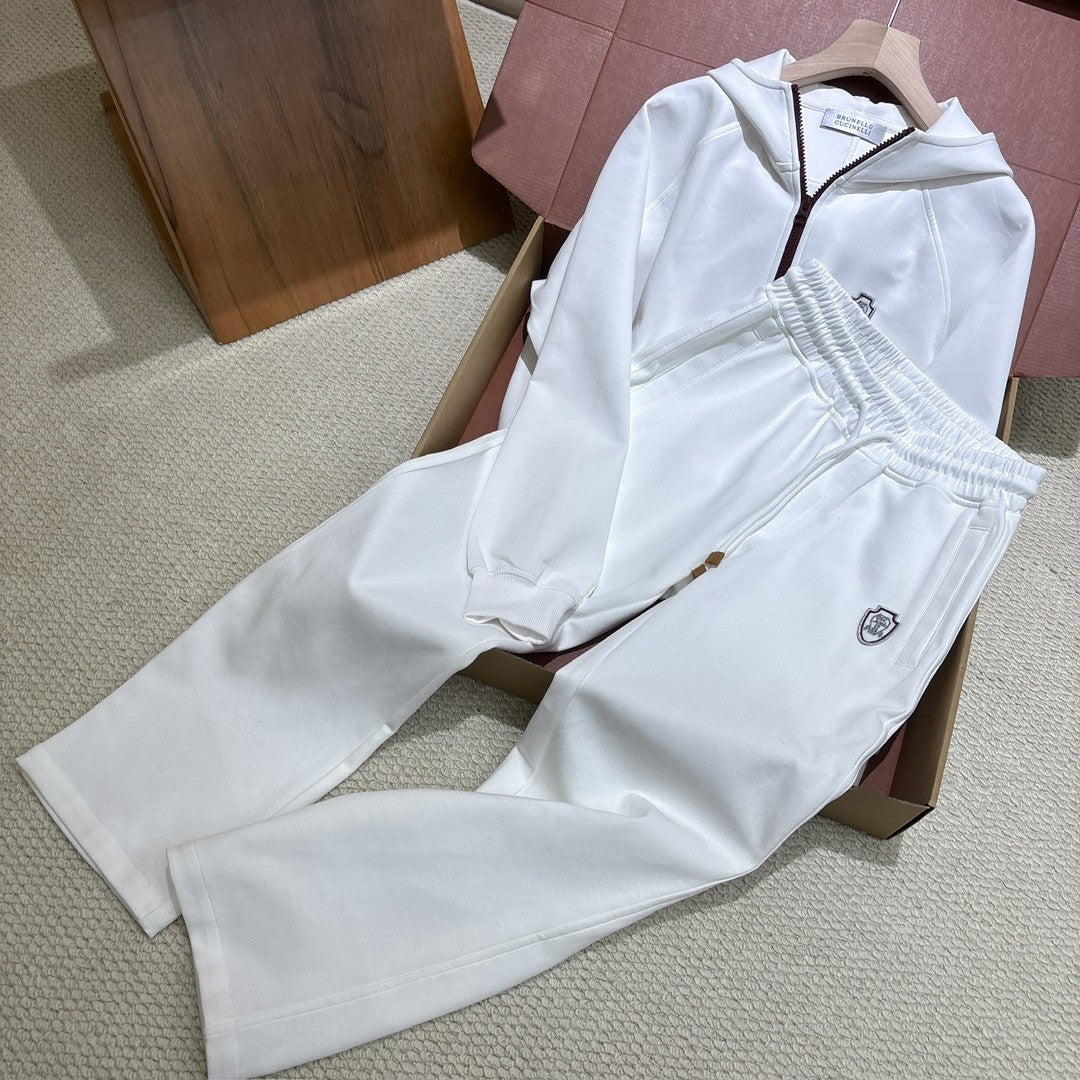 Brunello Cucinelli Men's And Women's Spring/fall Fashion Casual Solid Color Hooded Zipper Jacket With Logo Trim Solid Color Elastic Waist Casual Wide Leg Pants Pants Suit Set #79265