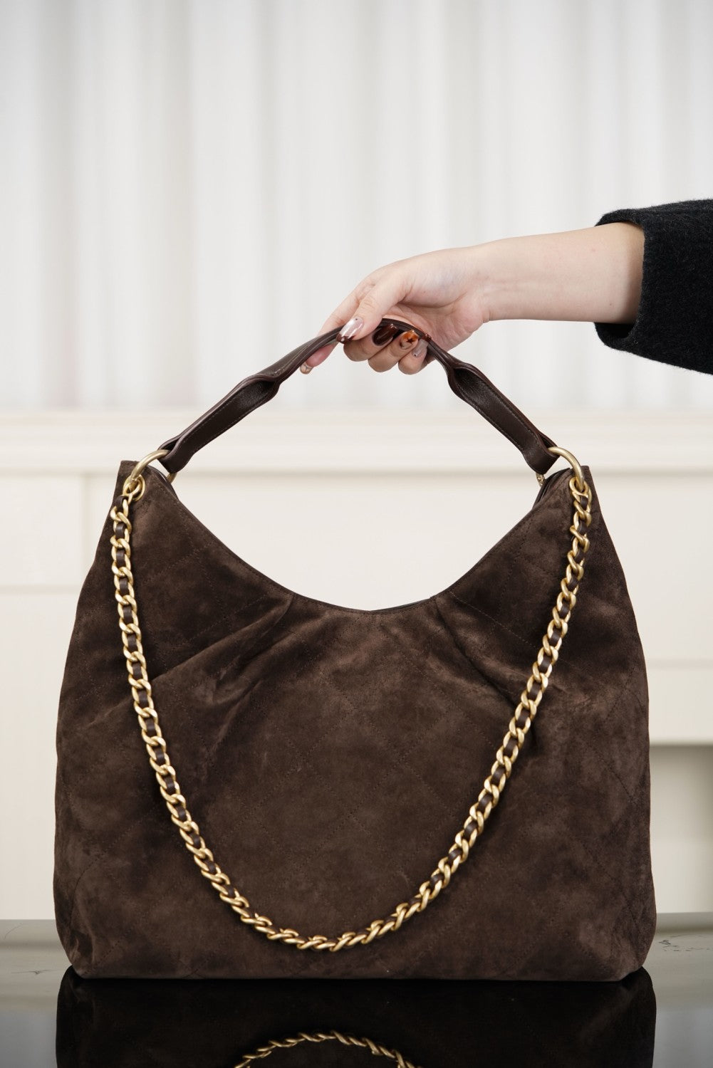 Chanel Maxi Hobo Bag Suede Calfskin Lambskin Gold-tone Metal Dark Brown #336664