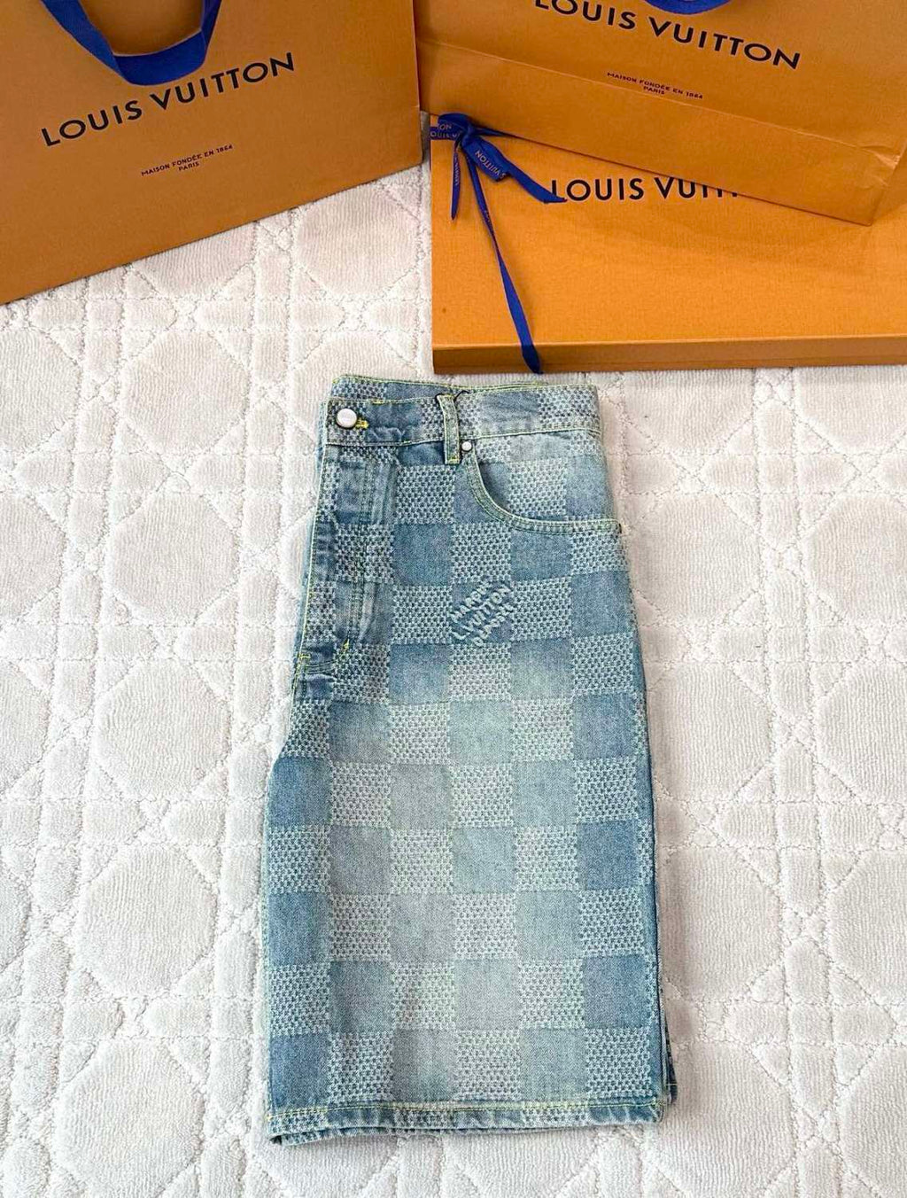 Louis Vuitton Men's Summer Solid Colour Checkerboard 3D Print Casual Denim Shorts #76864