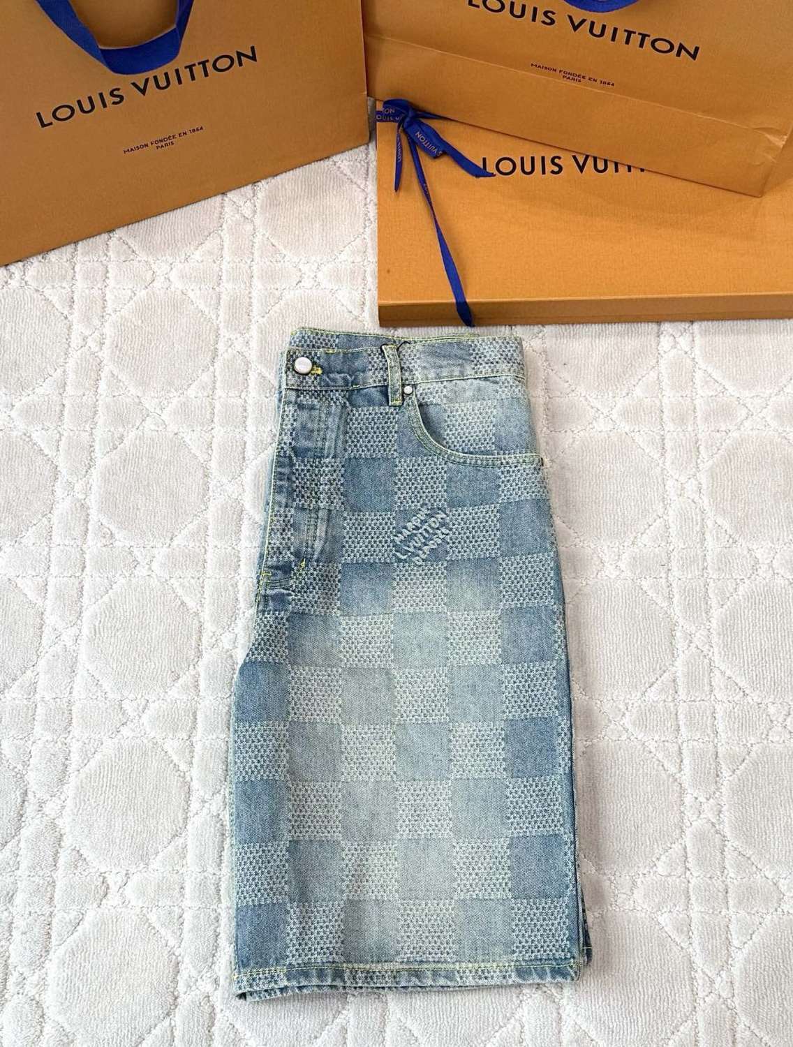 Louis Vuitton Men's Summer Solid Colour Checkerboard 3D Print Casual Denim Shorts #76864