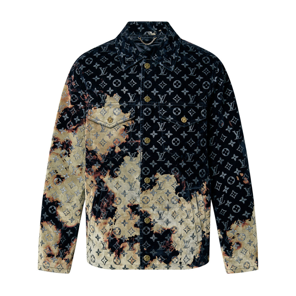Louis Vuitton Men's Autumn and Winter Pattern Printed Lapel Single Breasted Denim Jacket Jeans Pants Set Suit #97775