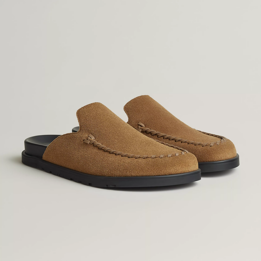 Hermes Men's Johan Mule Shoes Summer Solid Color Round Toe Suede Flat Slippers Casual Shoes Ngvp #1831