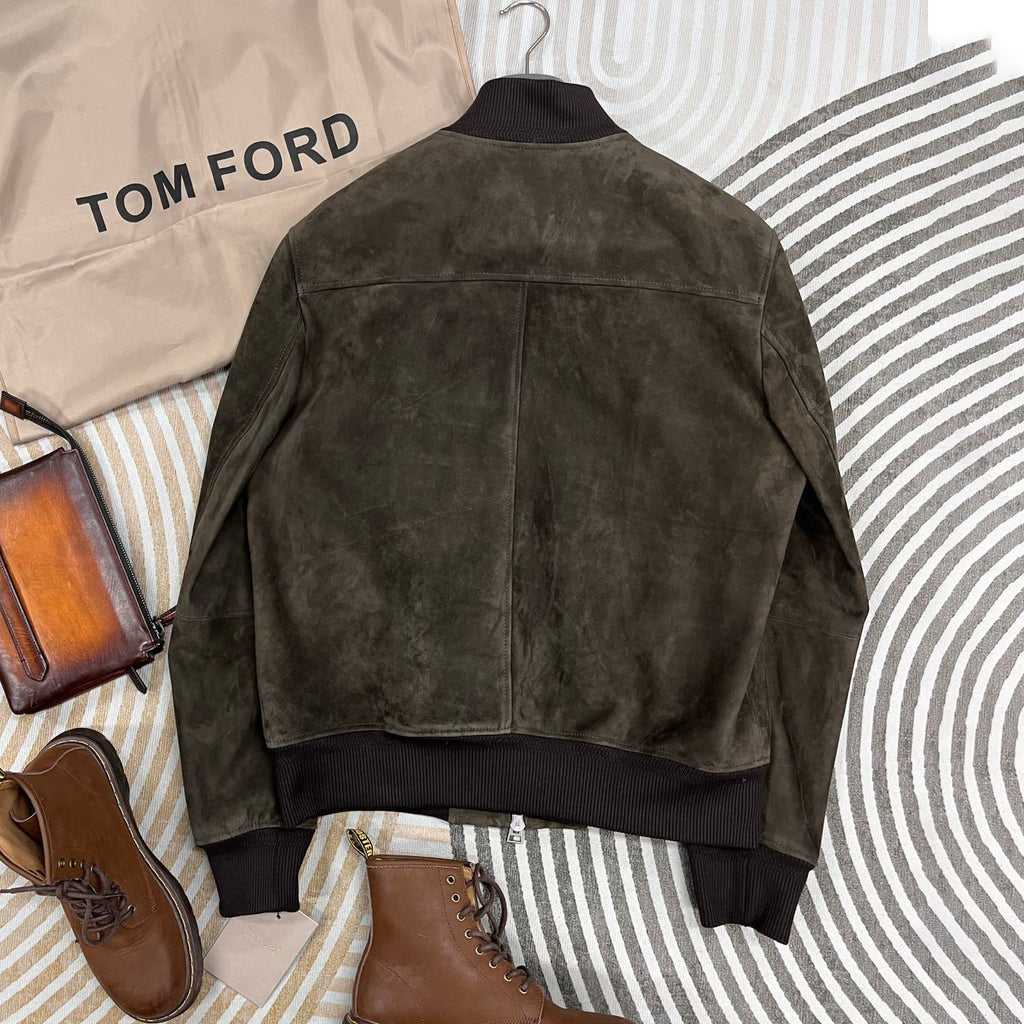 Tom Ford Men's Fall/Winter Casual Fashion Crew Neck Zipper Long Sleeve Baseball Leather Jacket #79296