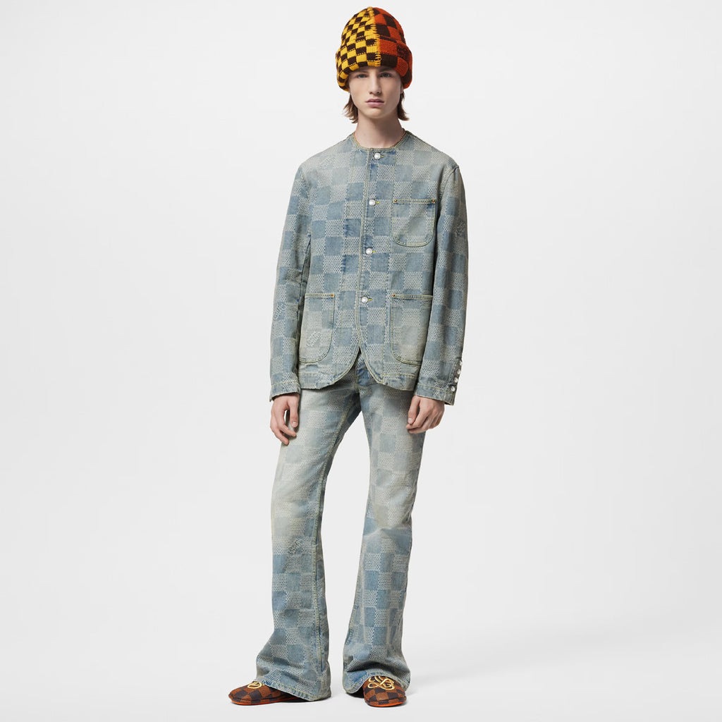 Louis Vuitton Men's Spring And Fall Fashion Plaid Denim Suit Gradient Wash Vintage Round Neck Jacket Casual Flared Pants Ngvp #8155