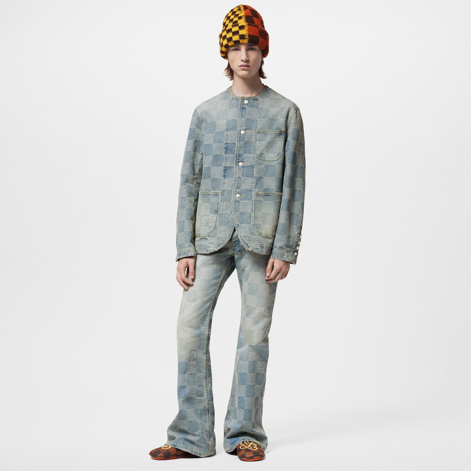 Louis Vuitton Men's Spring And Fall Fashion Plaid Denim Suit Gradient Wash Vintage Round Neck Jacket Casual Flared Pants Ngvp #8155