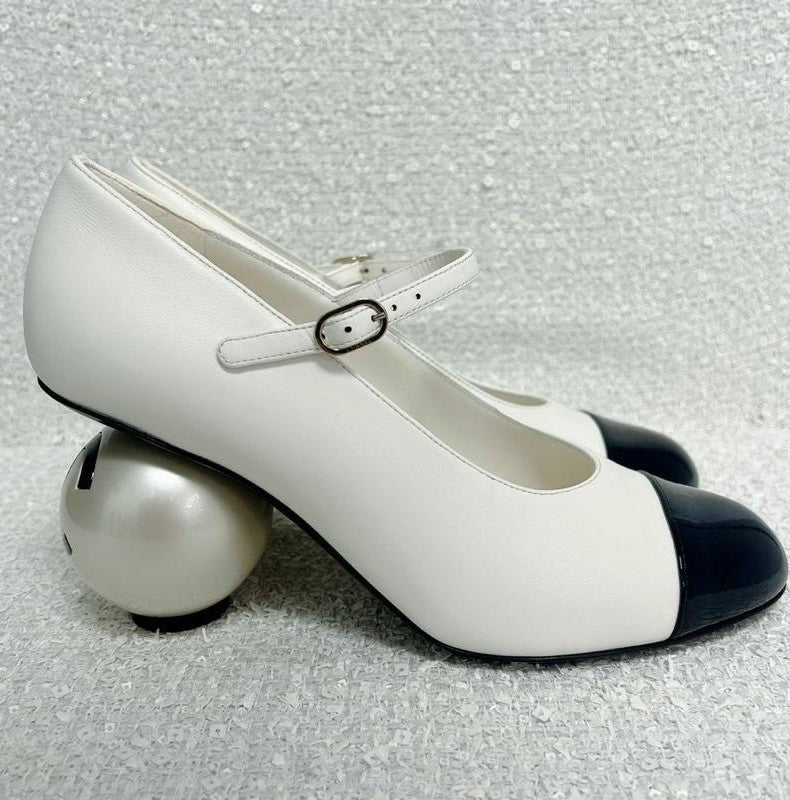 Chanel Women's Spring/fall Classic Two-tone Leather Low-top Round Toe Mary Jane Heels With Pearl Embellished Heels High Heels Shoes #79356