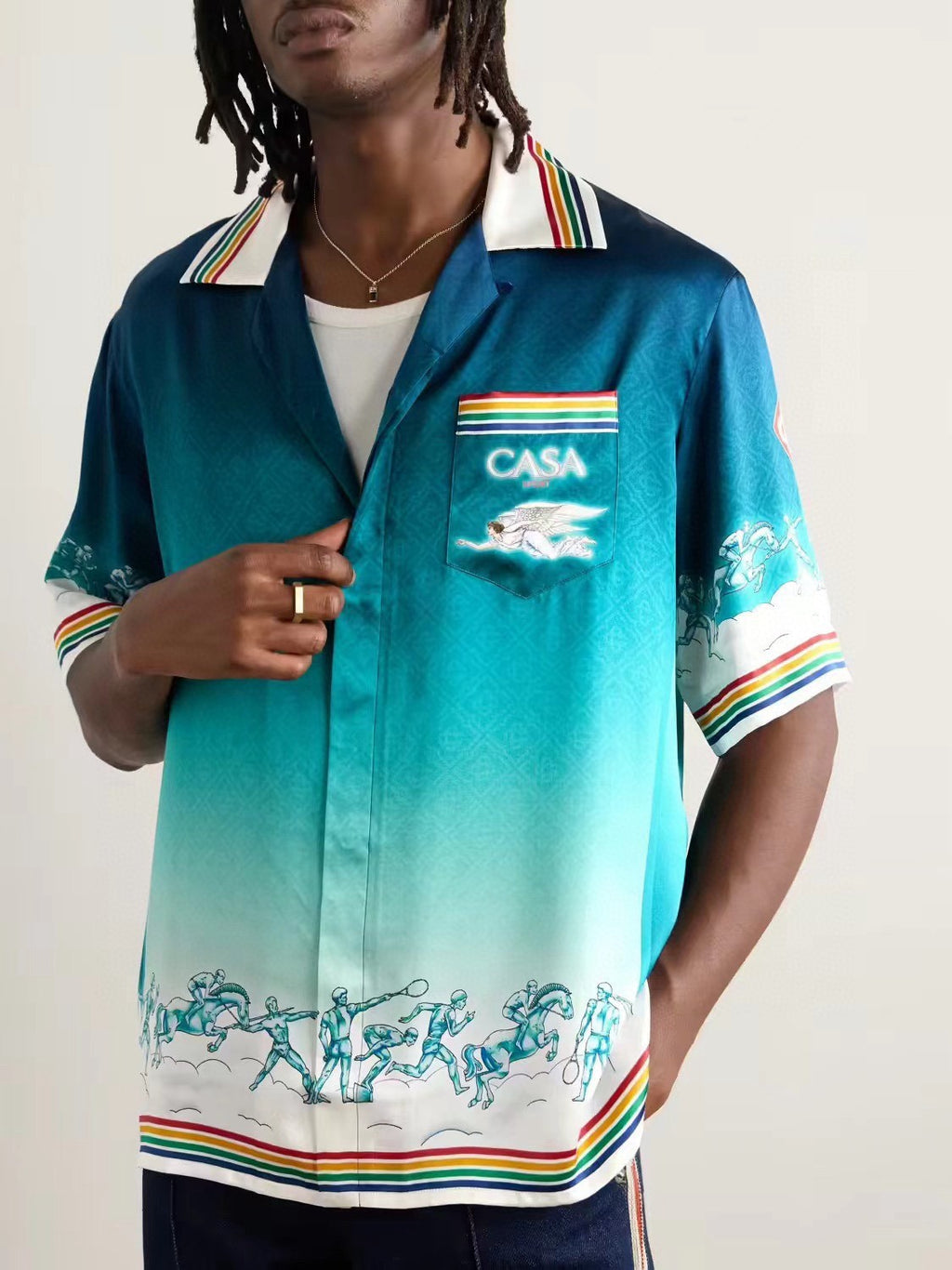 Casablanca Men's Summer Gradient Pattern Printed Lapel Loose Single Breasted Short Sleeve Shirt Tie Stretch Waistband Shorts Set Suit #73425