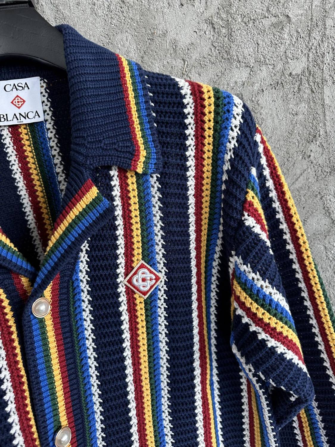Casablanca Men's Spring And Summer Vertical Stripes Printed Single Breasted Long Sleeved Knitted Shirt Drawstring Tie Casual Knitted Shorts Suit Set #76349