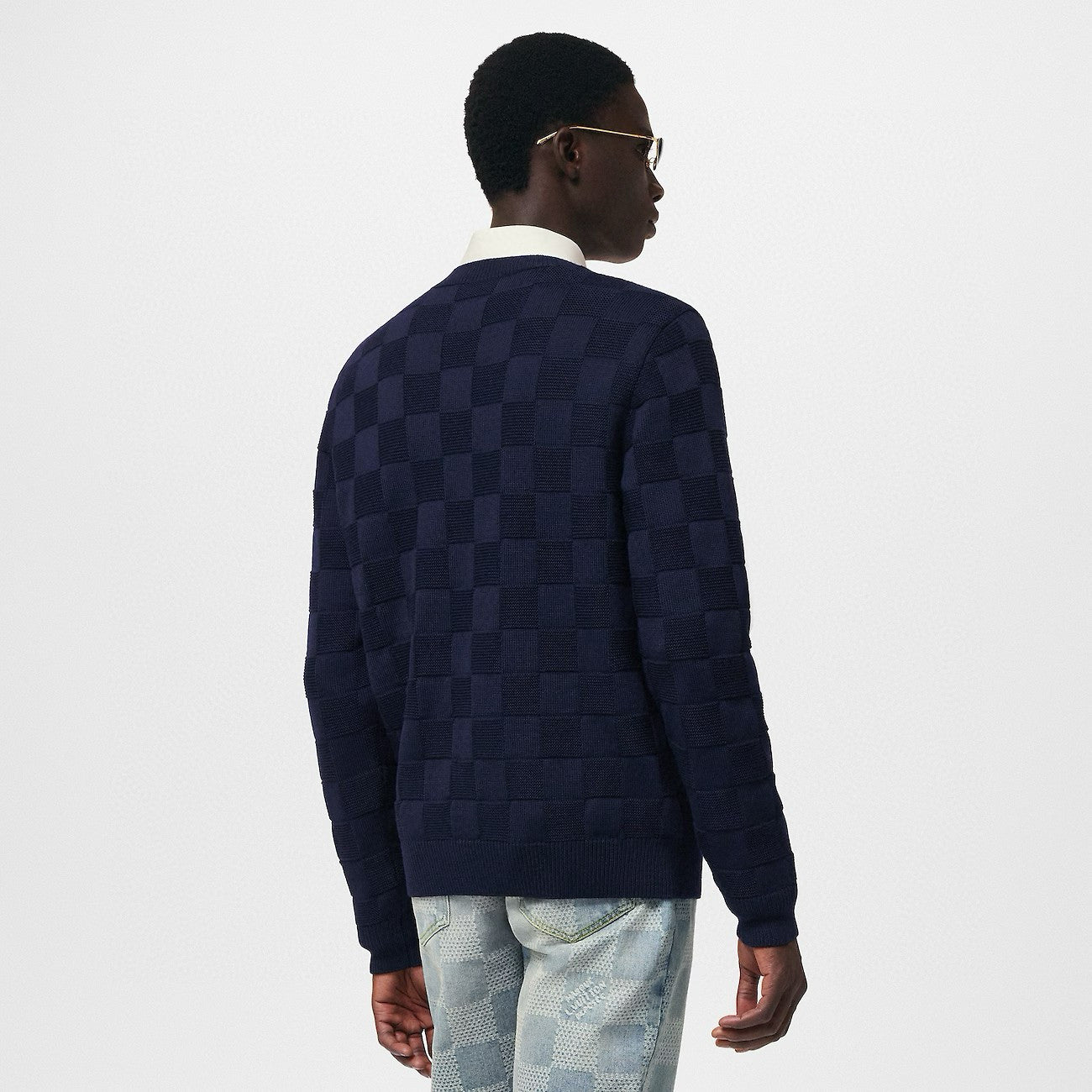 Louis Vuitton Men's Spring and Autumn Letter Embroidery Blue Crew Neck Casual Pullover Wool Sweater #98436