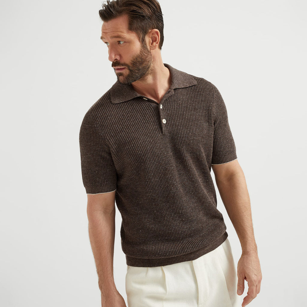 Brunello Cucinelli Men's Summer Linen Cotton Half English Rib Knit Solid Color Short Sleeve Polo Shirt Ngvp #1553