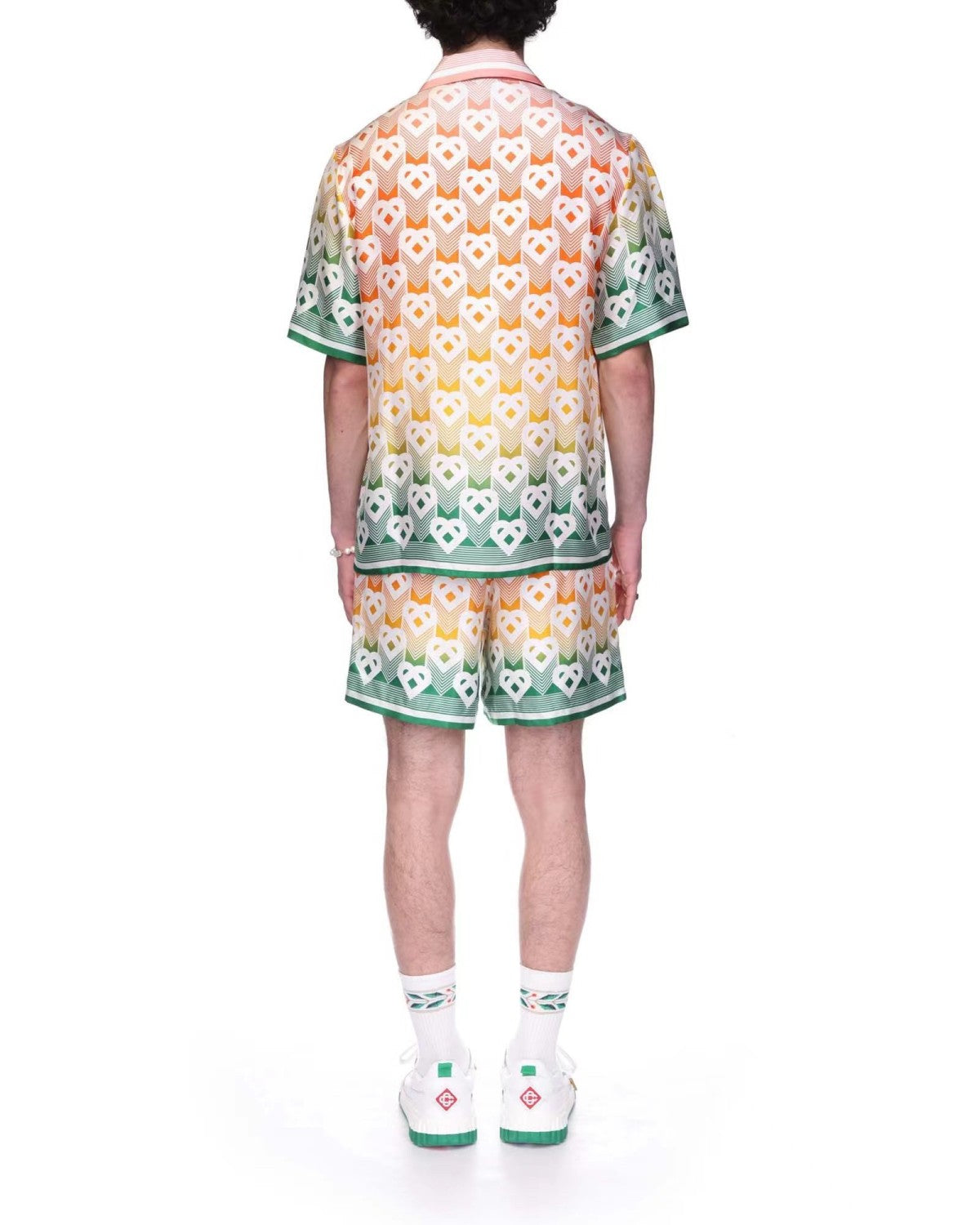 Casablanca Men's Summer Gradient Heart Printed Silk Short Sleeve Shirt Casual Elastic Lace-Up Shorts Ngvp  #8677