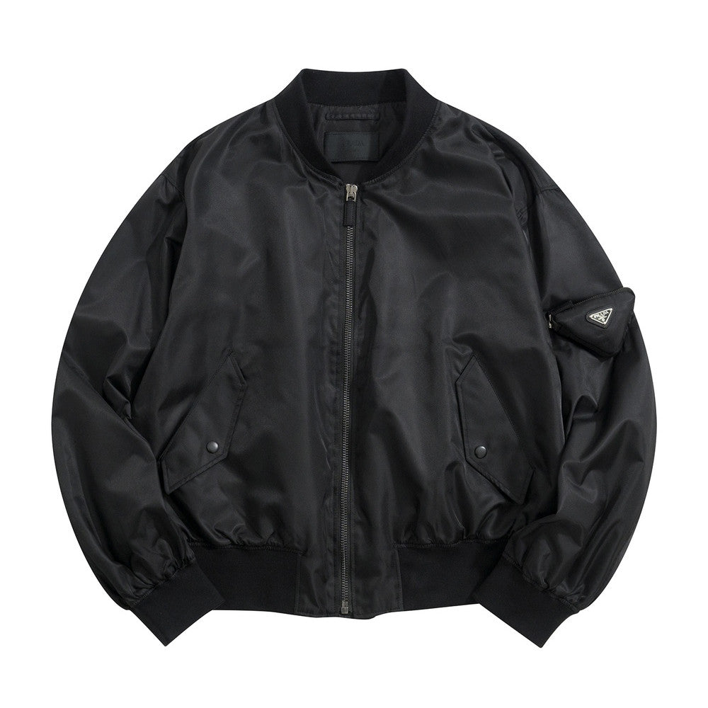 Prada Men's Spring And Fall Black Nylon Zipper Baseball Collar Aviator Jacket #72583