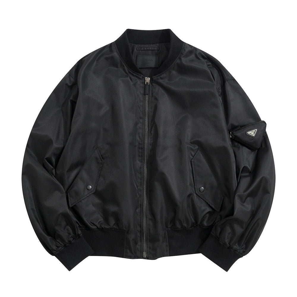 Prada Men's Spring And Fall Black Nylon Zipper Baseball Collar Aviator Jacket #72583