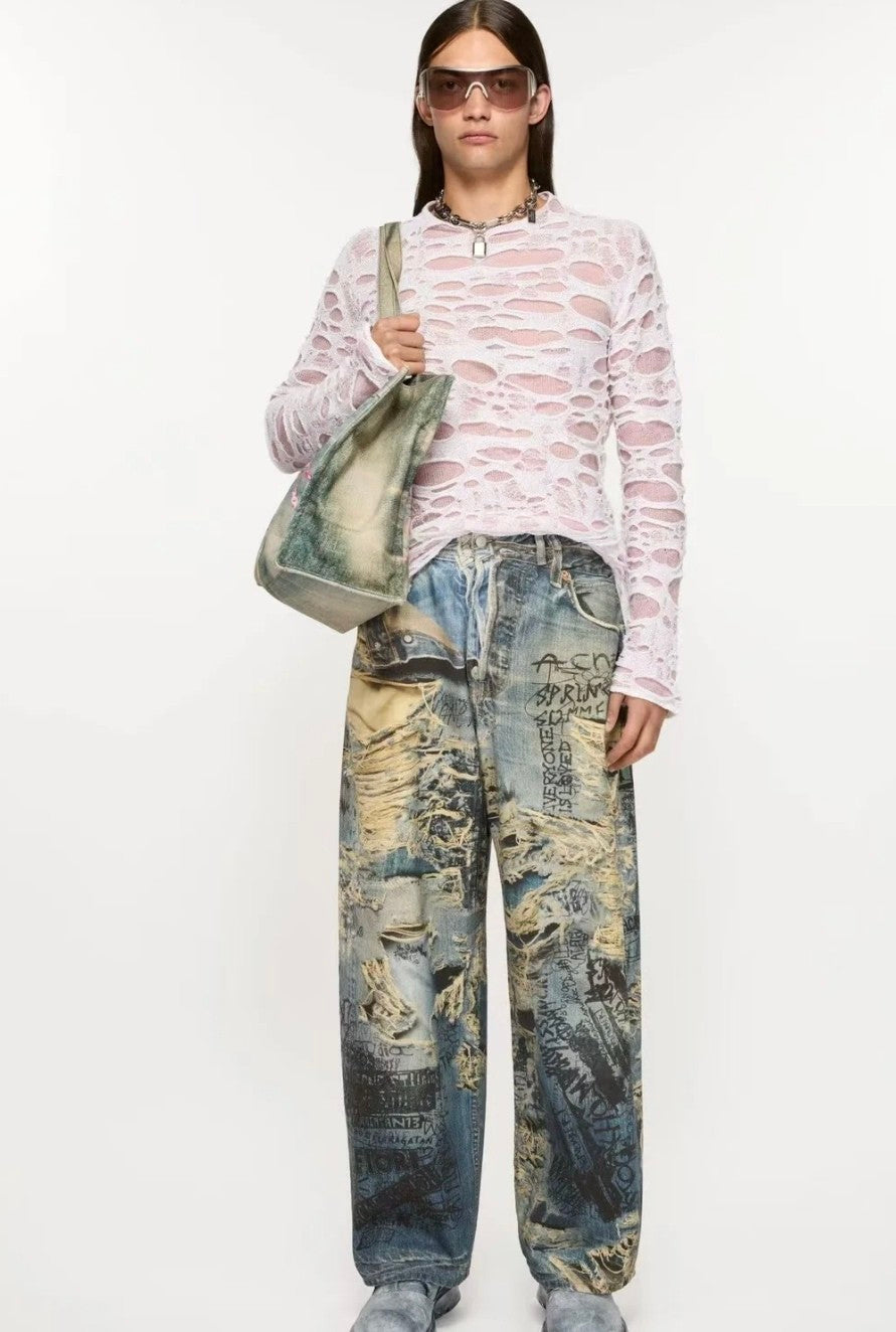 Acne Studios Men's Four Seasons Printed Hole Torn Solid Color Super Baggy Straight Fit Jeans Ngvp #1413