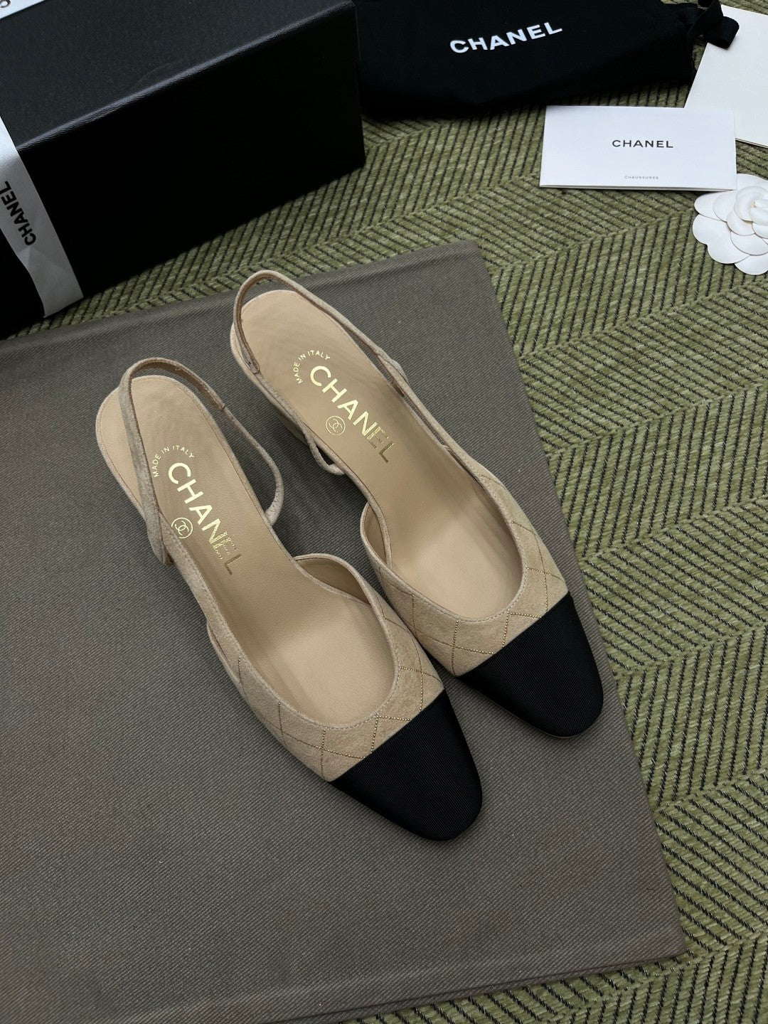 Chanel Women's Checkered Rhinestone Suede Cowhide Solid Color Chunky Heel High Heel Sandals Slingbacks Flat Shoes Spring. Summer. And Fall Casual Shoes Ngvp #2143