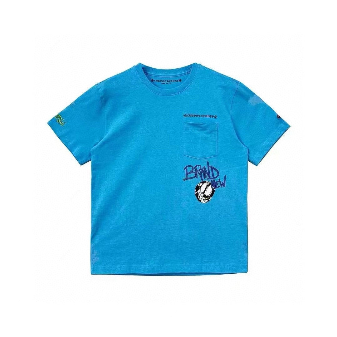 Chrome Hearts  Men's Women's Spring And Summer Fashion Letter Graffiti Blue Short Sleeve Body Shirt Round Neck Loose Casual #98726