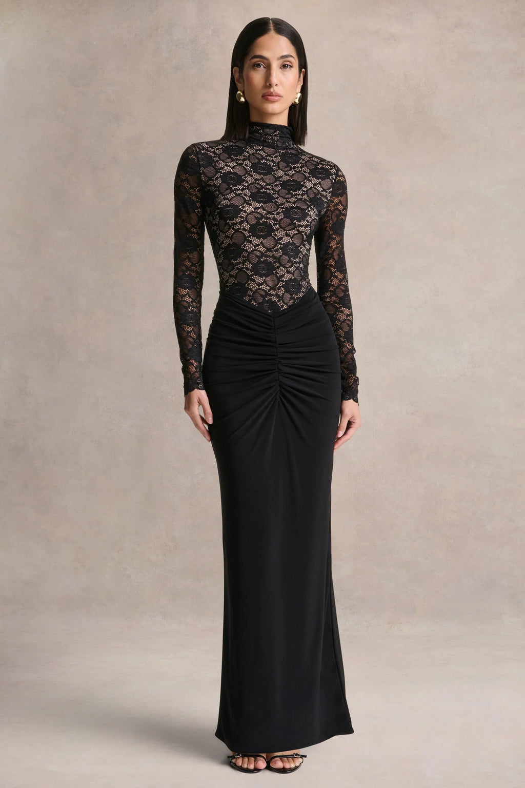 Justina | Black High-Neck Maxi Dress With Gathered-Detailing