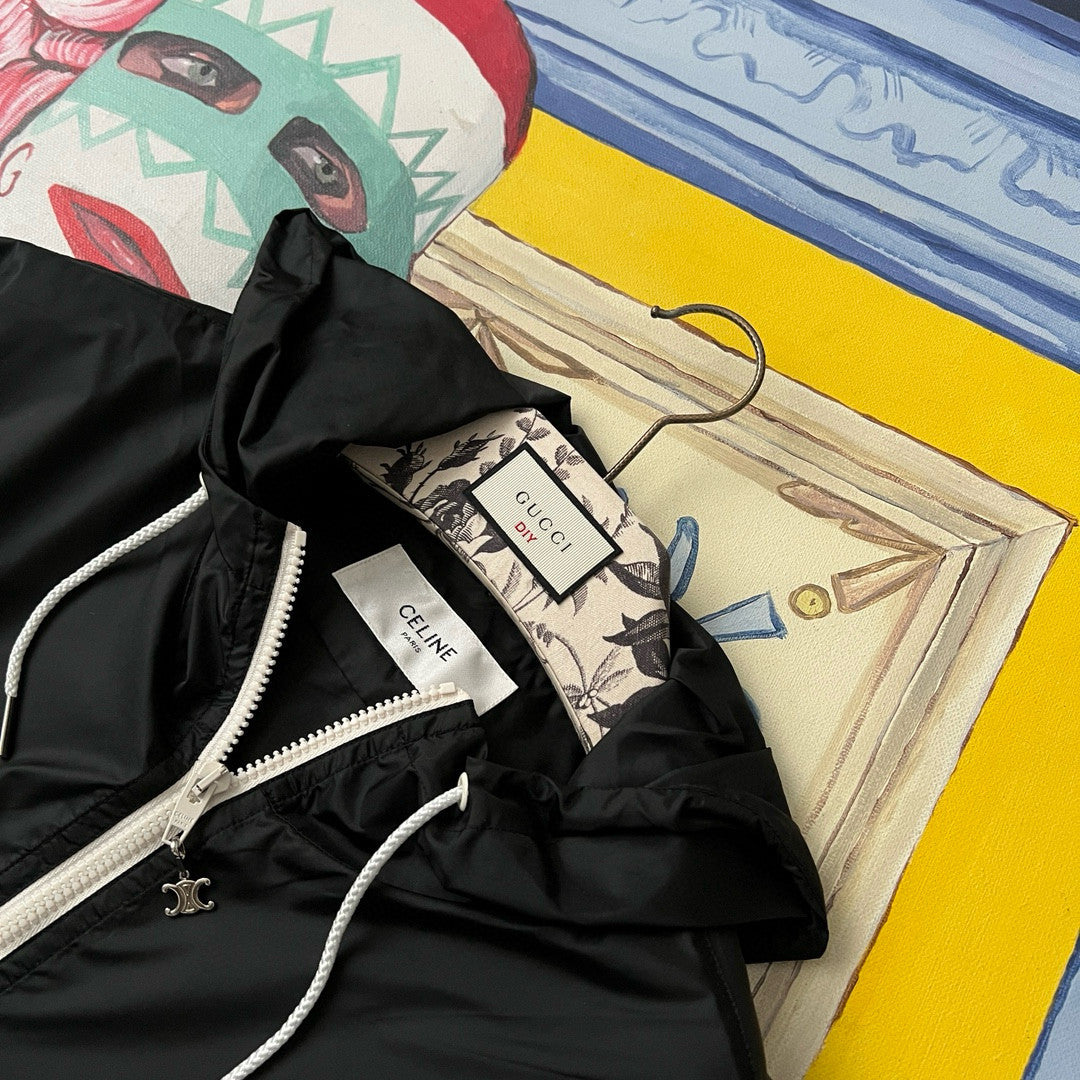 Celine Men's Spring and Fall Logo Printed Nylon Regular Fit Half Zip Hooded Pullover Jacket #98419