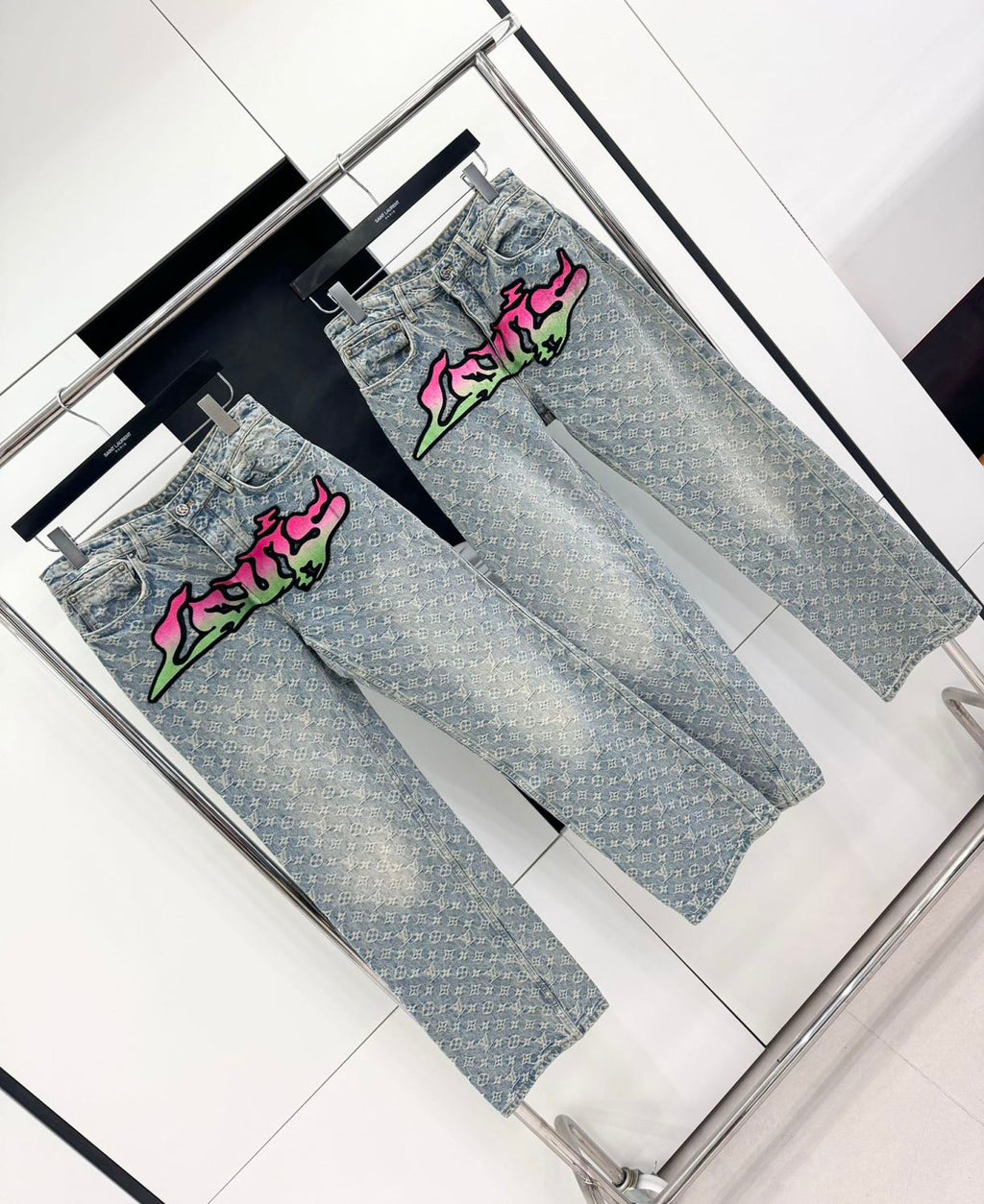 Louis Vuitton Men's Spring and Autumn Blue Logo Full Print Letter Graffiti Jeans Pants #73256