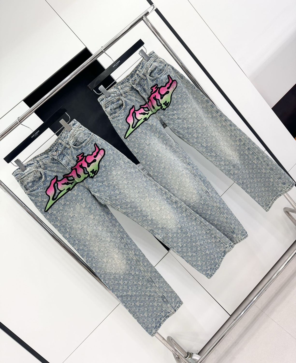 Louis Vuitton Men's Spring and Autumn Blue Logo Full Print Letter Graffiti Jeans Pants #73256