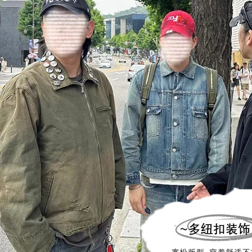 Enfants Riches Deprimes Men's Women's Spring And Autumn Lapel Faded Old Badge Solid Color Loose Long Sleeve Workwear Jacket Ngvp #9338