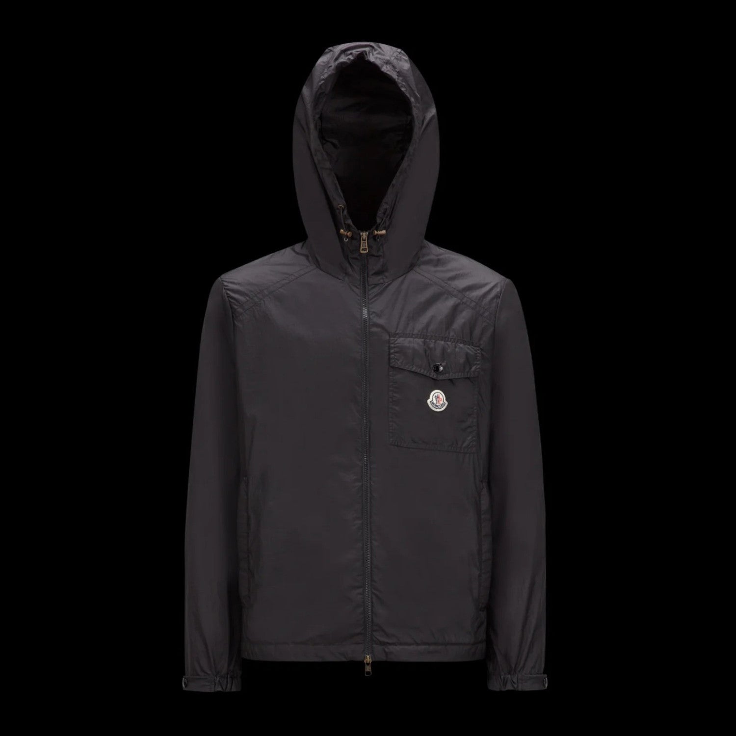 Moncler Men's Spring and Fall Black Logo Patch Straight Long Sleeve Zipper Hooded Lightweight Jacket #98779