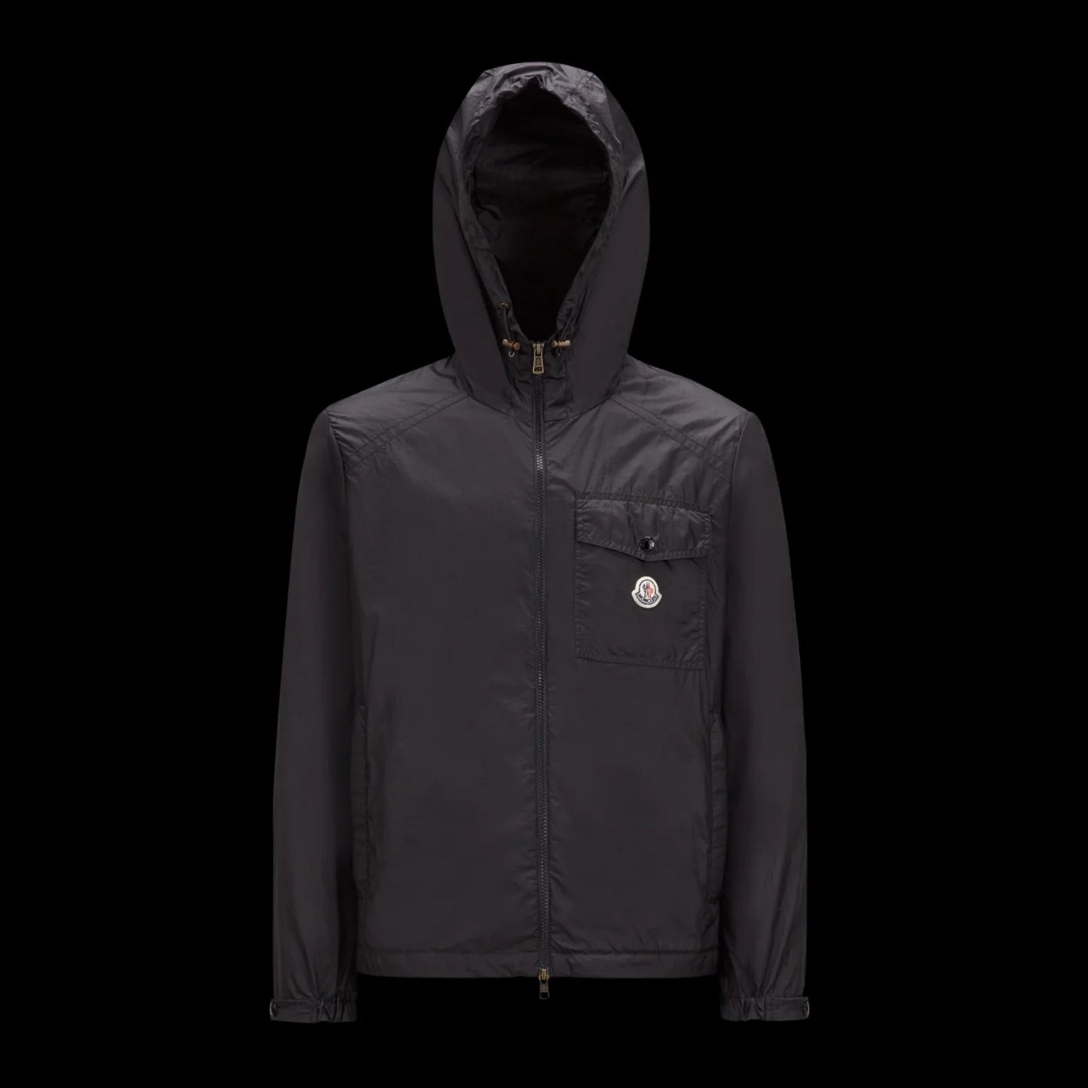 Moncler Men's Spring and Fall Black Logo Patch Straight Long Sleeve Zipper Hooded Lightweight Jacket #98779