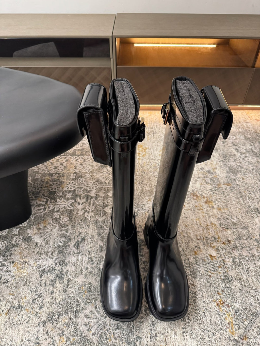 Prada Women's Autumn/winter Fashion Classic Solid Color Round Toe Buckle Shiny Leather High Top Thick Sole Boots Shoes #78385